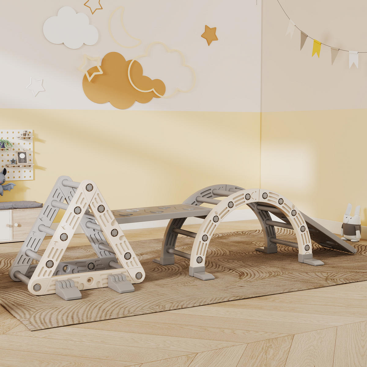 KLETTERGERÜST Indoor, 5 in 1 Kletterdreieck, Kletterbogen mit Rutsche, Rampe - Grau, Kunststoff (70/56/104cm) - AIYAPLAY