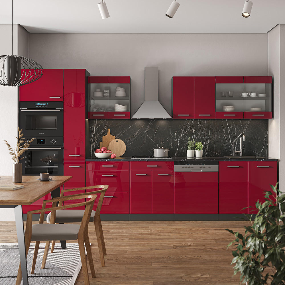 KÜCHENZEILE R-Line Rot Hochglanz/Anthrazit 350 cm mit Hochschrank, ohne Arbeitsplatte - Anthrazit/Rot, Holzwerkstoff (350/81.6/46cm) - Vicco