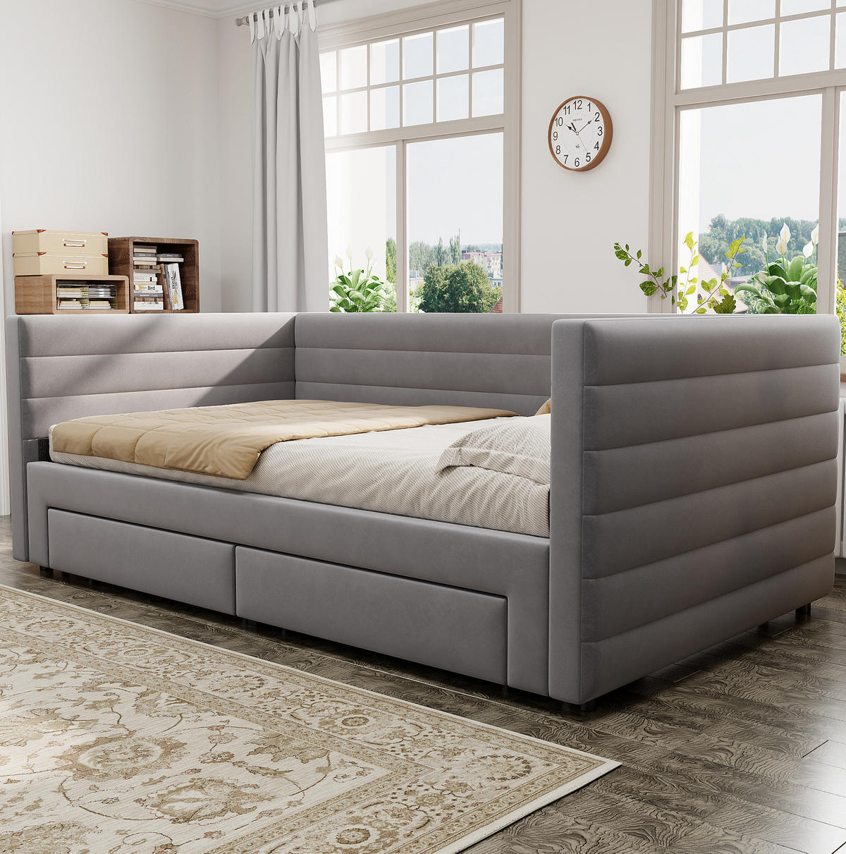 POLSTERBETT 90/190 cm ausziehbar mit 2 Schubladen und Lattenrost, Grau - Grau, Textil (90/190cm) - BEAOK