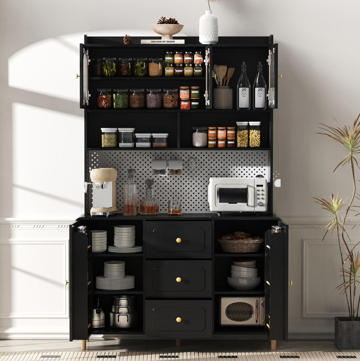 BUFFET 120/40/190 cm aus MDF mit Lochplatte und 3 Schubladen Schwarz - Schwarz, Holzwerkstoff (120/190/40cm) - Modenvie