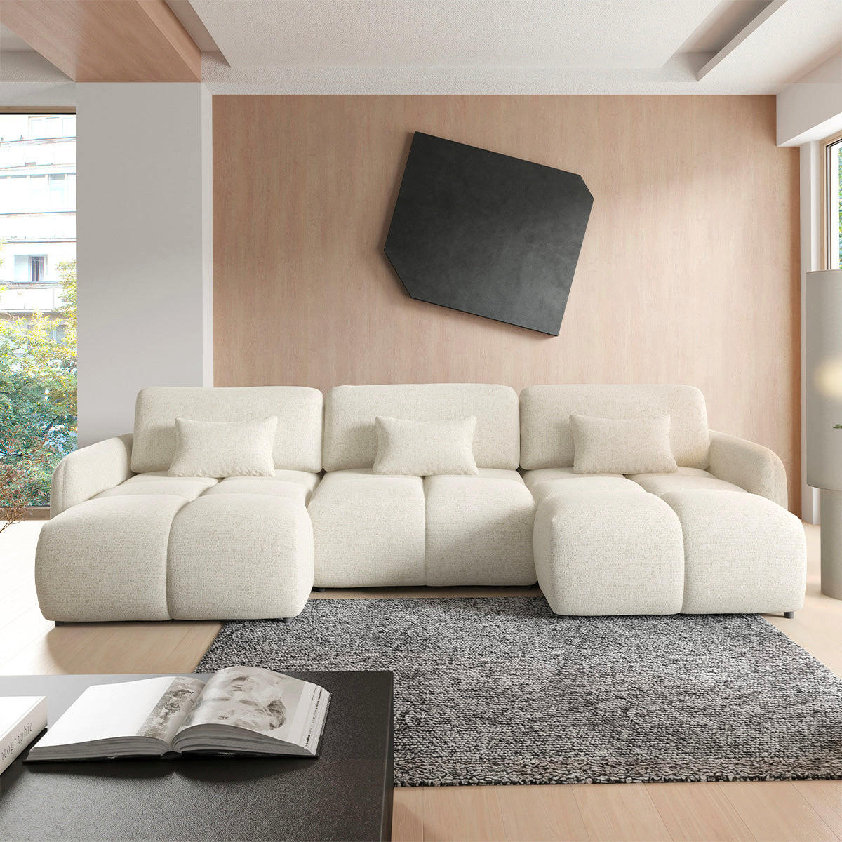 PANORAMASOFA 5 Sitzplätze Cremefarben - Weiß, Holz (240/95/165cm) - Petits-meubles