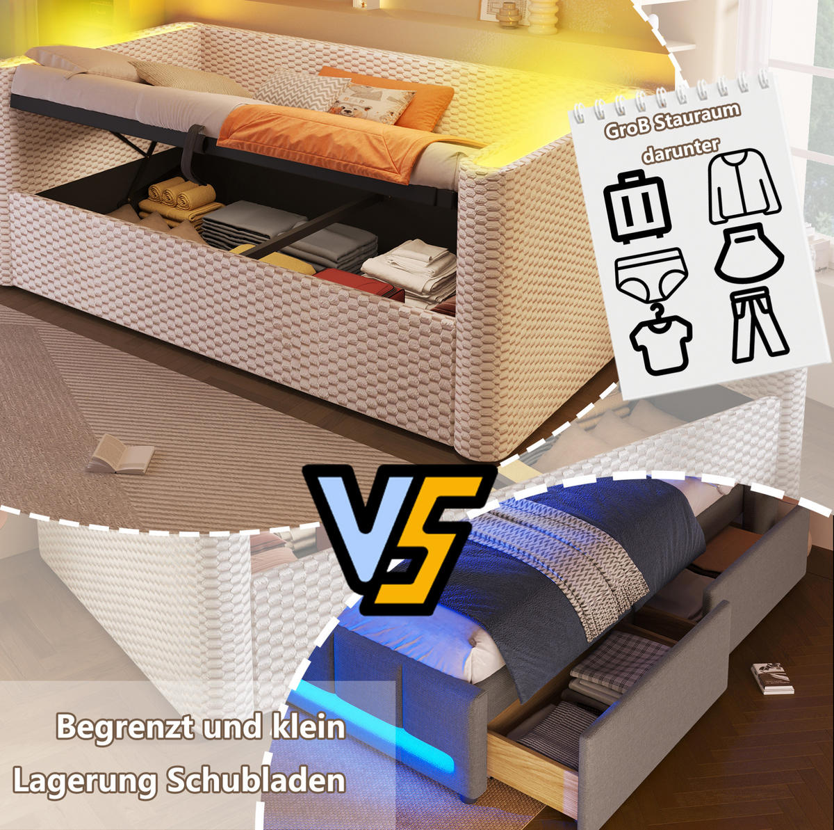 TAGESBETT aus Samt 90x200 cm Beige mit LED-Beleuchtung, hydraulischem Stauraum und Lattenrost - Beige, Textil (90/200cm) - Modfu