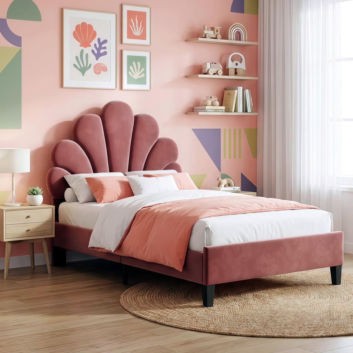 EINZELBETT 90x200 cm aus Samt in Rouge, luxuriöses Kinderbett in Muschel-Optik, weiches Jugend-Polsterbett mit Lattenrost - Rot, Holzwerkstoff (90/200cm) - Brevoria