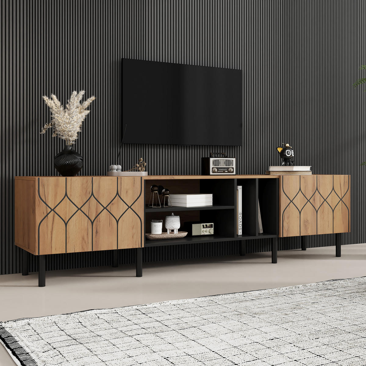 TV-SCHRANK 180/40/50 cm Naturholz/Schwarz mit 2 Türen und 4 Fächern - Schwarz, Holzwerkstoff (180/50/40cm) - Oxeza