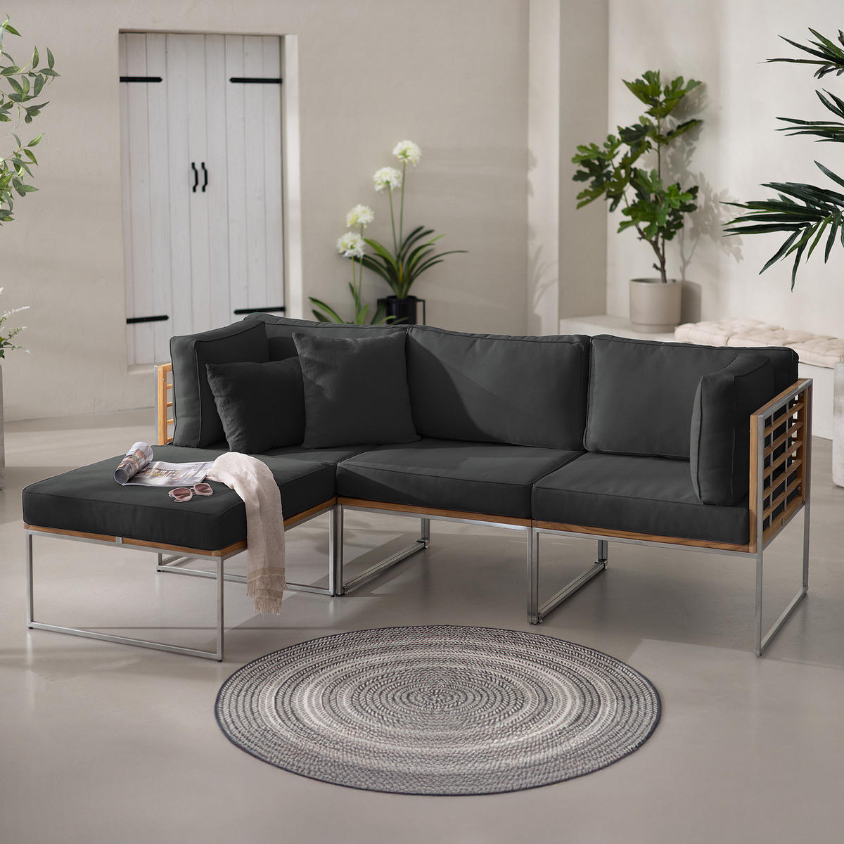 LOUNGESET - 4-teilig - Webstoff / Teak massiv - Anthrazit, Holz/Textil - home24