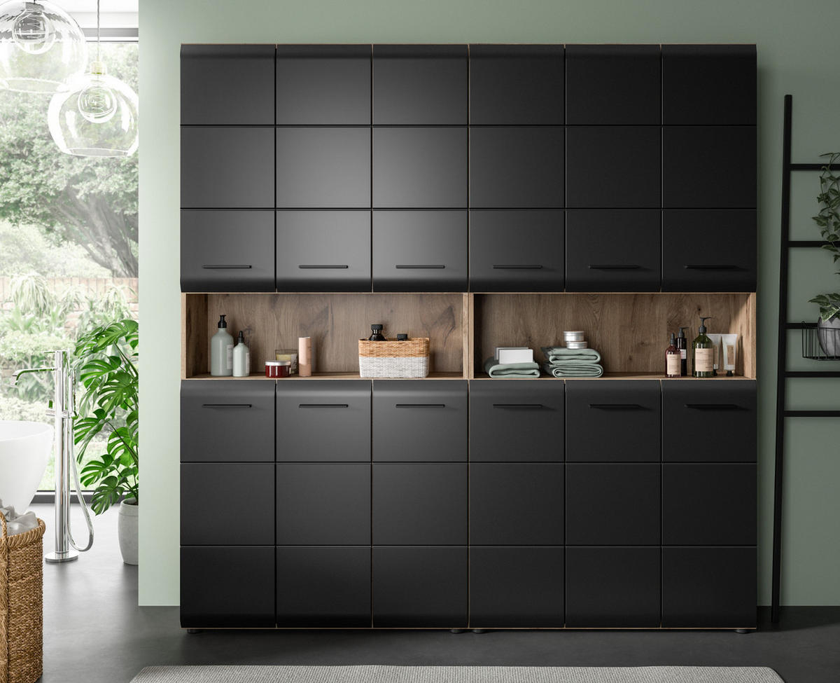 HOCHSCHRANK Badschrank Set Schwarz matt, Eiche 2x Mehrzweckschrank, 12-türig gesamt 180 x 185 cm - Eichefarben/Schwarz, Holzwerkstoff/Kunststoff (180/185/30cm) - Inn.Furn