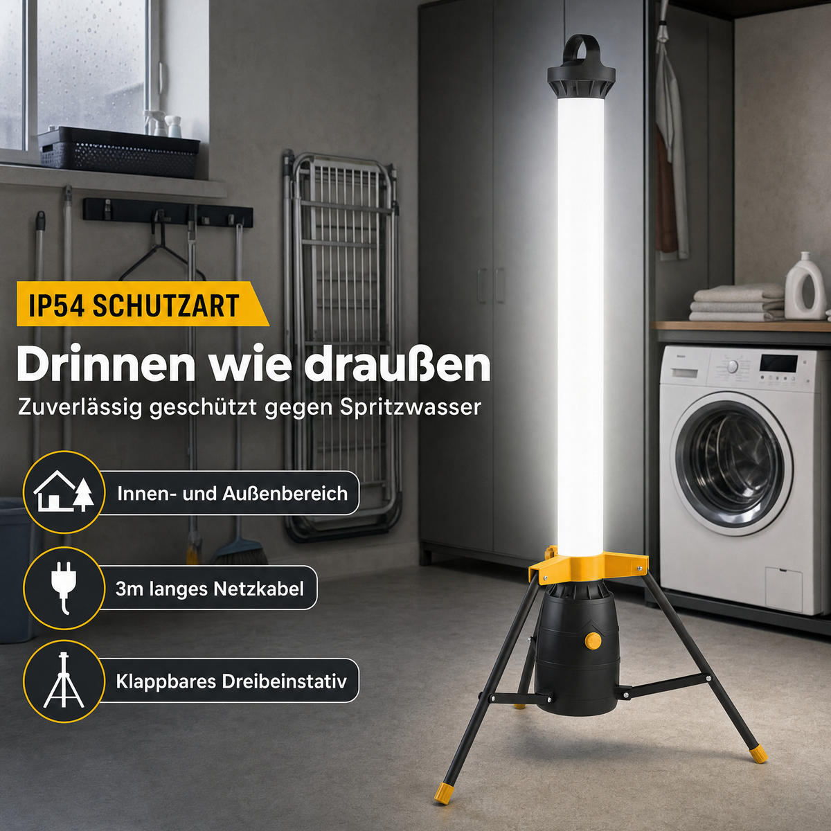 LED-TURM-BAUSTRAHLER - 360° Lichtauslass für Innen- und Außenbereich, dimmbar, 110cm hoch - Gelb/Schwarz, Kunststoff (57/57/113cm) - Northpoint
