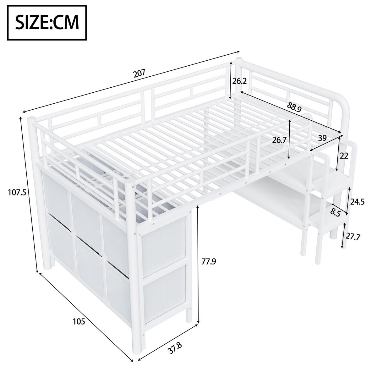 HOCHBETT 90/200 cm Weiß mit Stauraum und breiter Treppe aus Metall - Weiß, Metall (90/200cm) - OKWISH
