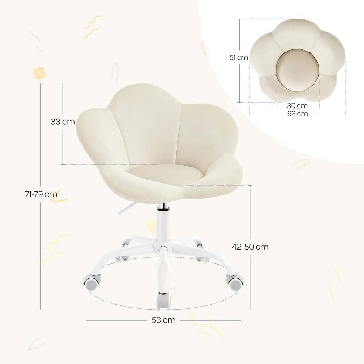DREHSTUHL Kinder, blumenförmig, Samt, Beige - Beige/Weiß, Kunststoff/Textil (62/71/51cm) - Woltu