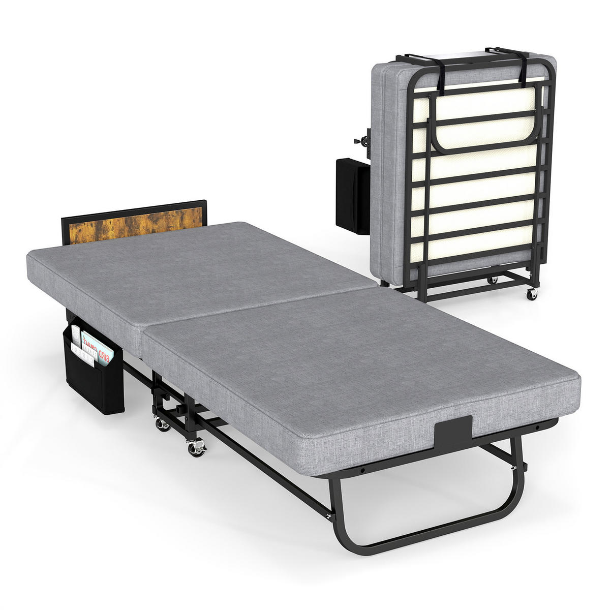 KLAPPBETT 80/190 cm mit Kopfteil und USB-Ladeanschluss, DE-41874, in Schwarz - Grau, Metall (80/190cm) - ComfortXL