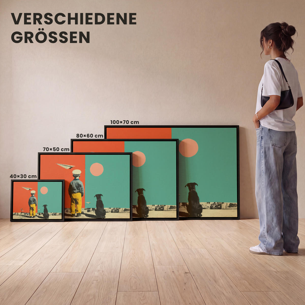 LEINWAND Bilder mit Rahmen - Retro - Junge - Hund - Rot - Grün - 100x70 - Orange, Textil (100/70cm) - MuchoWow