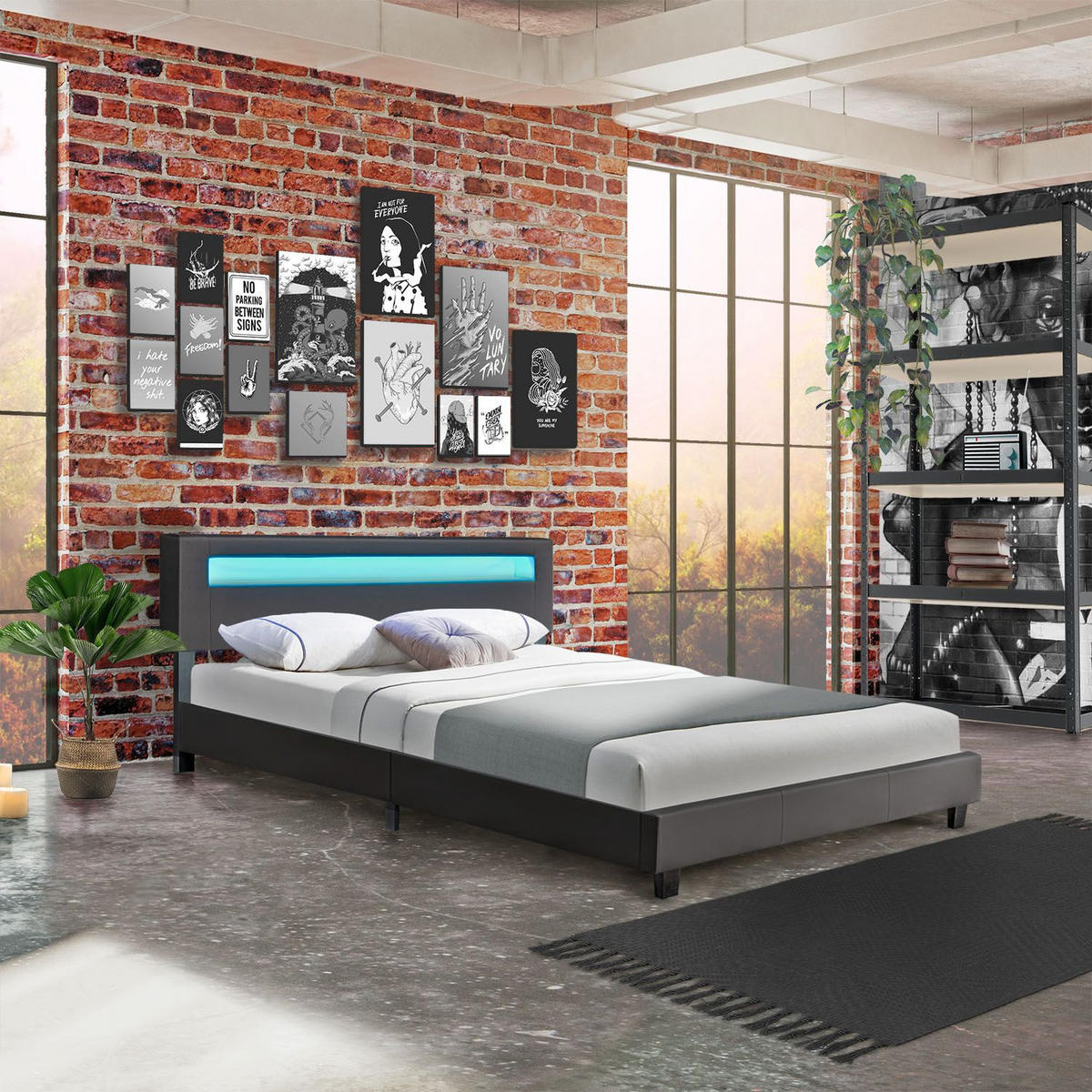 POLSTERBETT Paris dunkelgrau 160x200cm mit Matratze und LED (16 Farben) - Grau, Textil (160/200cm) - Juskys
