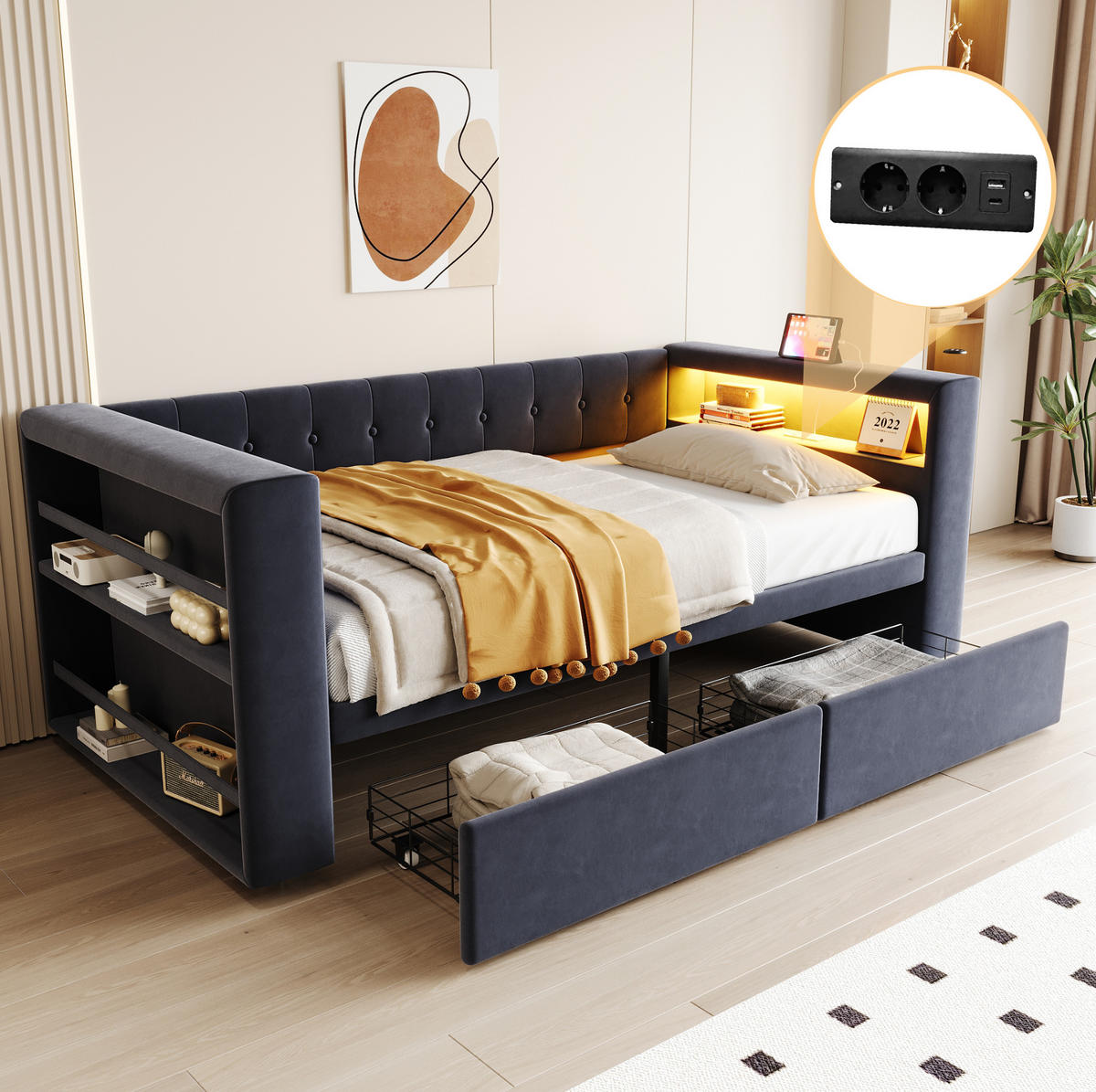 POLSTERBETT aus Flanellstoff 90x190 cm Dunkelgrau mit LED-Beleuchtung, Steckdose und 2 Schubladen - Dunkelgrau, Textil (90/190cm) - Modfu