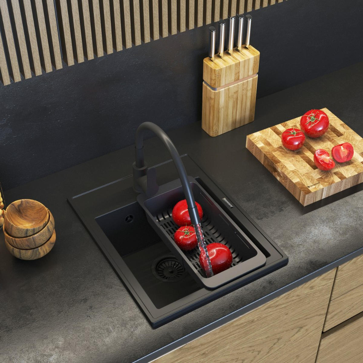 GRANITSPÜLE Nero mit Batterie und Siphon - Schwarz, Kunststoff/Stein (40/20/50cm) - Granitan