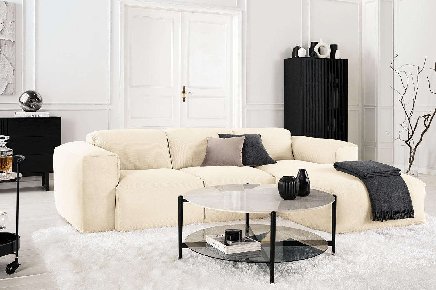 3-SITZER ECKSOFA mit Longchair - Beige/Schwarz, Textil (251/173cm) - home24