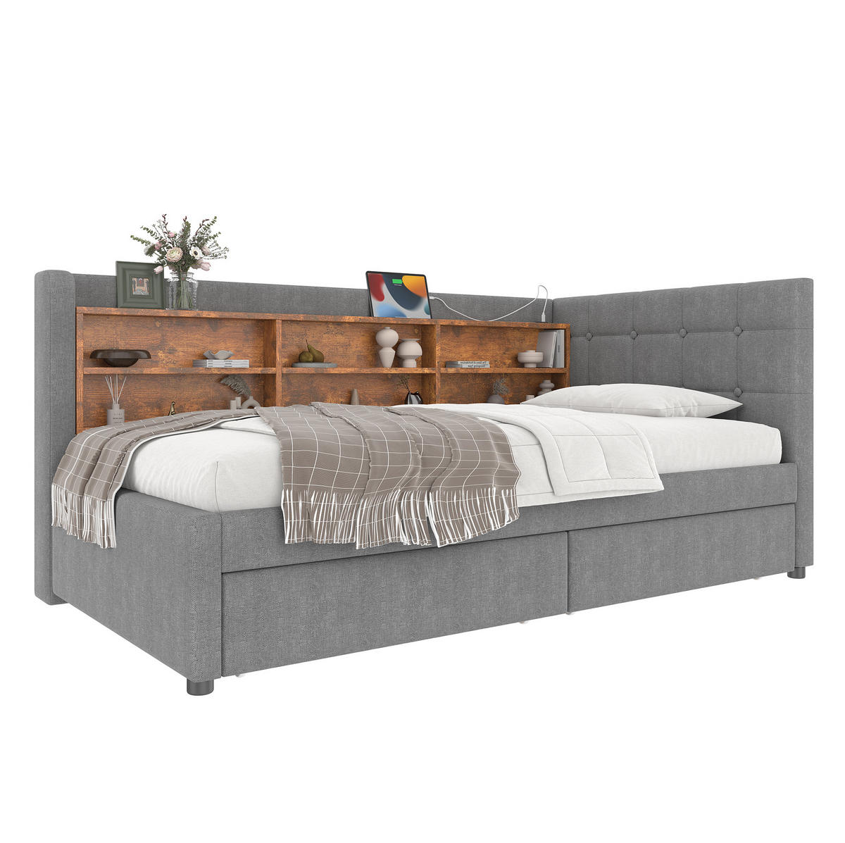 ČALÚNENÁ posteľ 90/200 cm, sivá, s úložným priestorom a USB/Typ C - sivá, textil (90/200cm) - BEAOK