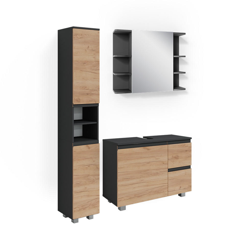 BADMÖBEL-SET J-Shape Grau 3 Teile, mit Hochschrank - Eichefarben/Grau, Holzwerkstoff (80/60/33cm) - Vicco