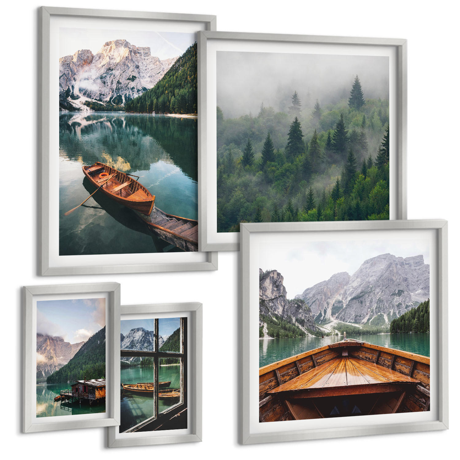 BILDER SET 5er Set - 50x50 cm & 20x30 cm & 40x60 cm Silberner Rahmen - Straßen, Häuser, Pflanzen, Töpfe - Silberfarben, Kunststoff (40/60cm) - TULUP