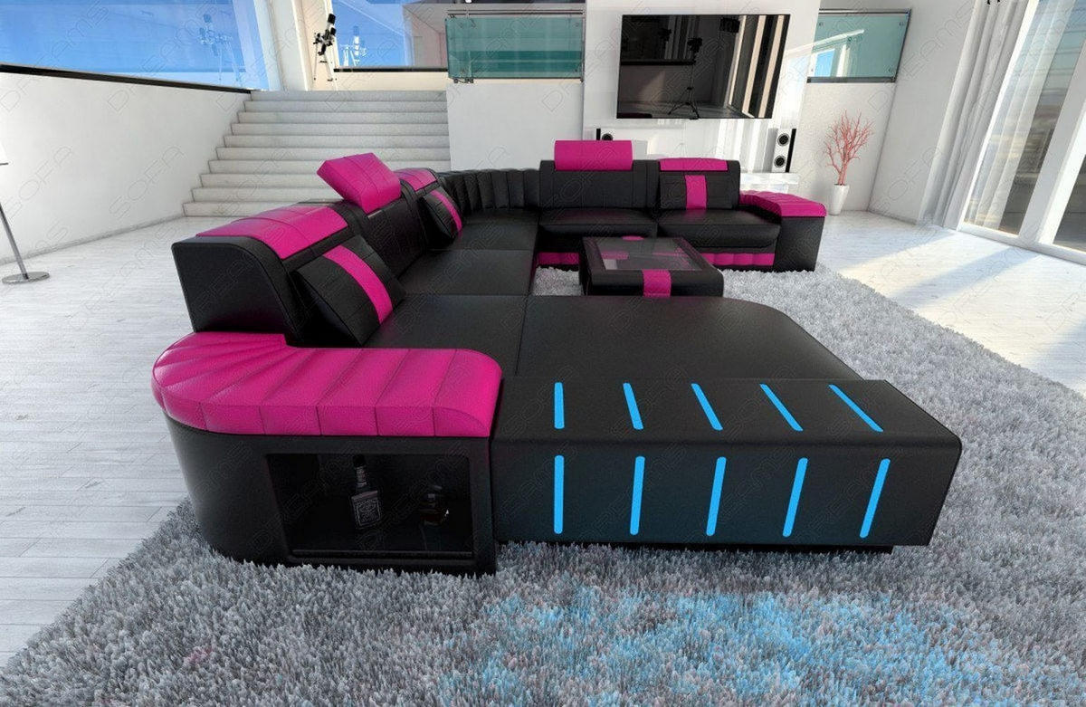 WOHNLANDSCHAFT Bellagio Schwarz Pink Büffelleder - Schwarz, Leder (362/80/287cm)