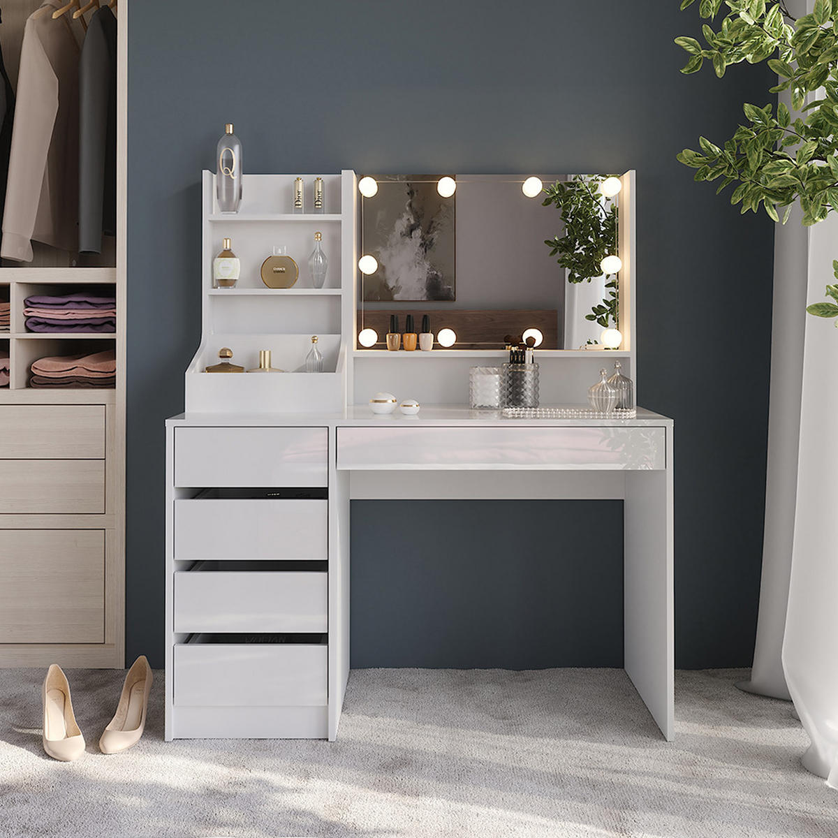 SCHMINKTISCH Sherry Weiß/Weiß Hochglanz 119.8 cm 4 Teile - Weiß Hochglanz, Holzwerkstoff (119.8/76/50.1cm) - Vicco