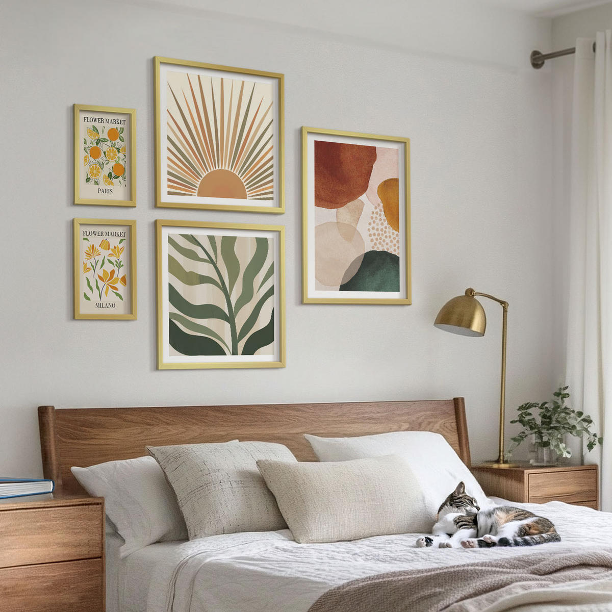 WANDBILDER 5er Set - 50x50 cm & 20x30 cm & 40x60 cm Goldrahmen - Abstrakte Blumenmotive - Goldfarben, Kunststoff (40/60cm) - ArtPrintCave