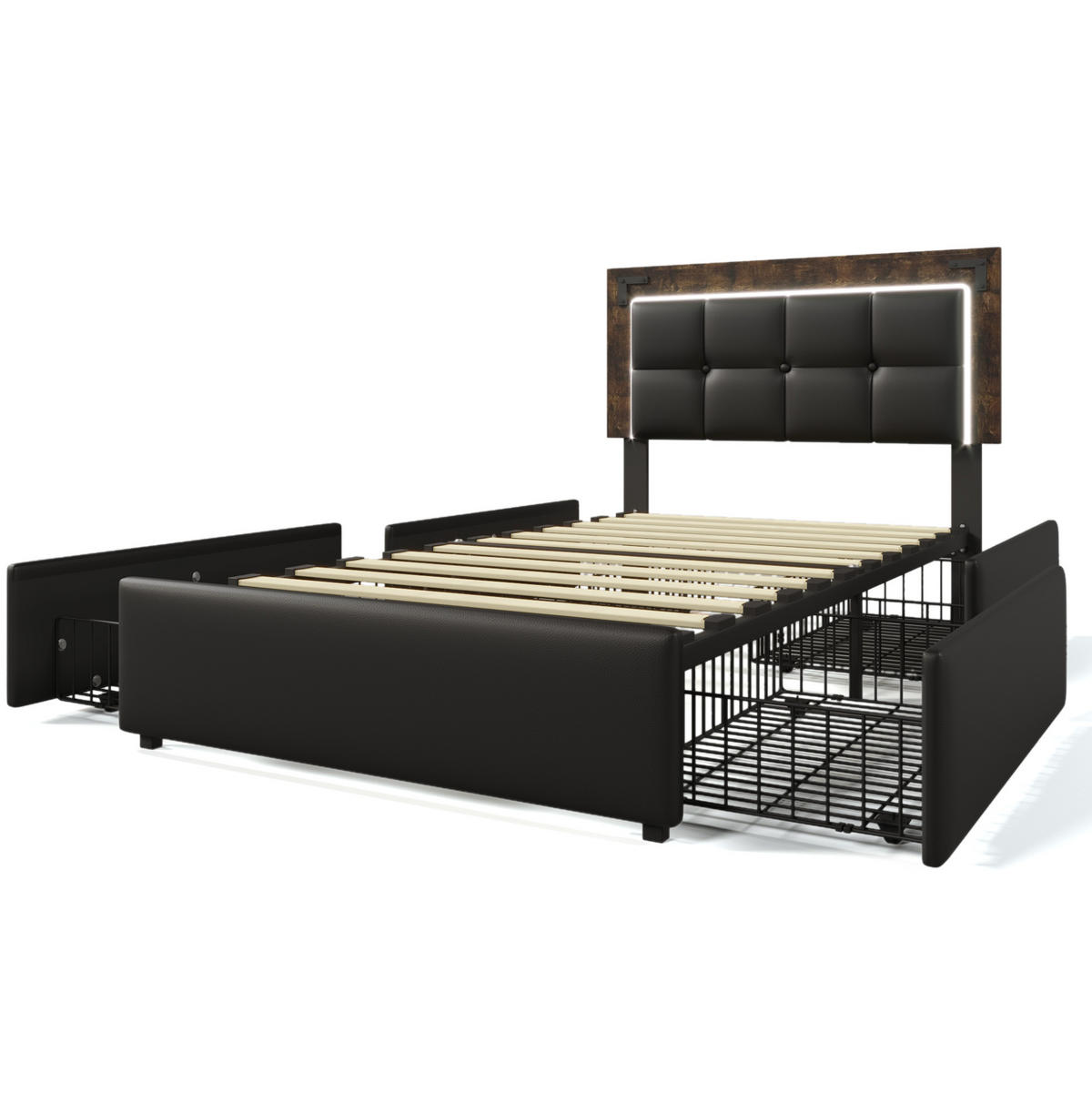 POLSTERBETT 90/200 cm mit LED-Beleuchtung, 4 Schubladen & höhenverstellbarem Kopfteil, PU Schwarz - Schwarz, Kunststoff (90/200cm) - Redom