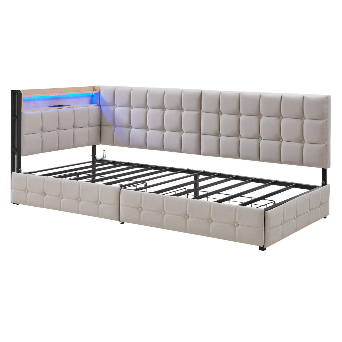 SCHLAFSOFA 90/200 cm in Beige Stoff mit 2 Schubladen, LED, USB und Type-C - Beige, Holzwerkstoff/Textil (90/200cm) - WISHDOR