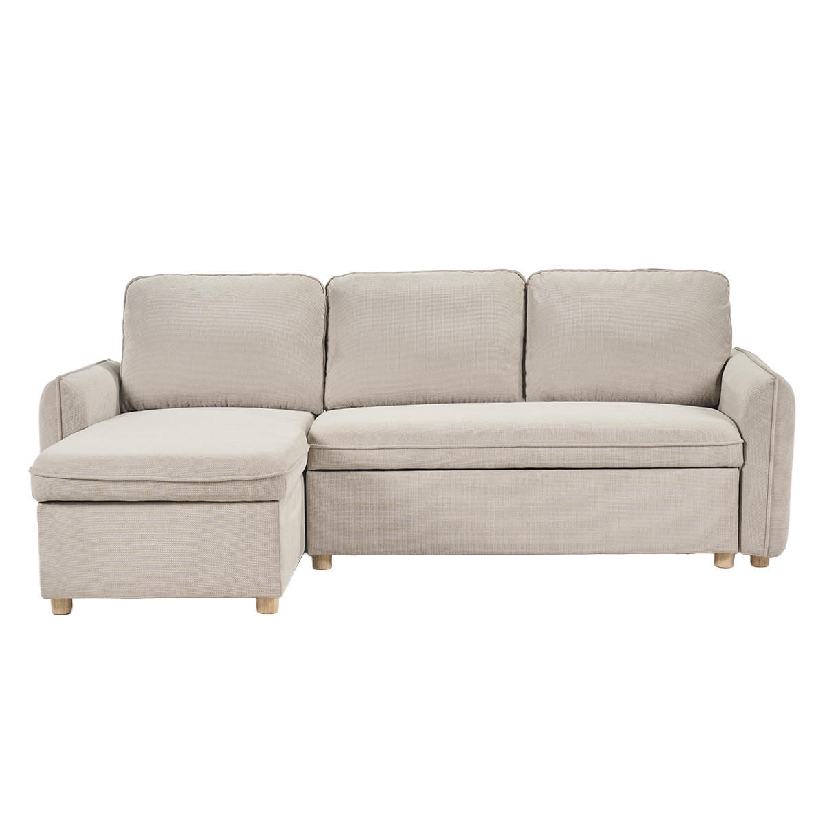 ECKSOFA mit umkehrbarer Schlaffunktion und Stauraum, 3-Sitzer in strukturiertem Samt-Optik Stoff beige und hellem Holz ORSO - Beige, Textil (139.5/83/212cm) - Miliboo