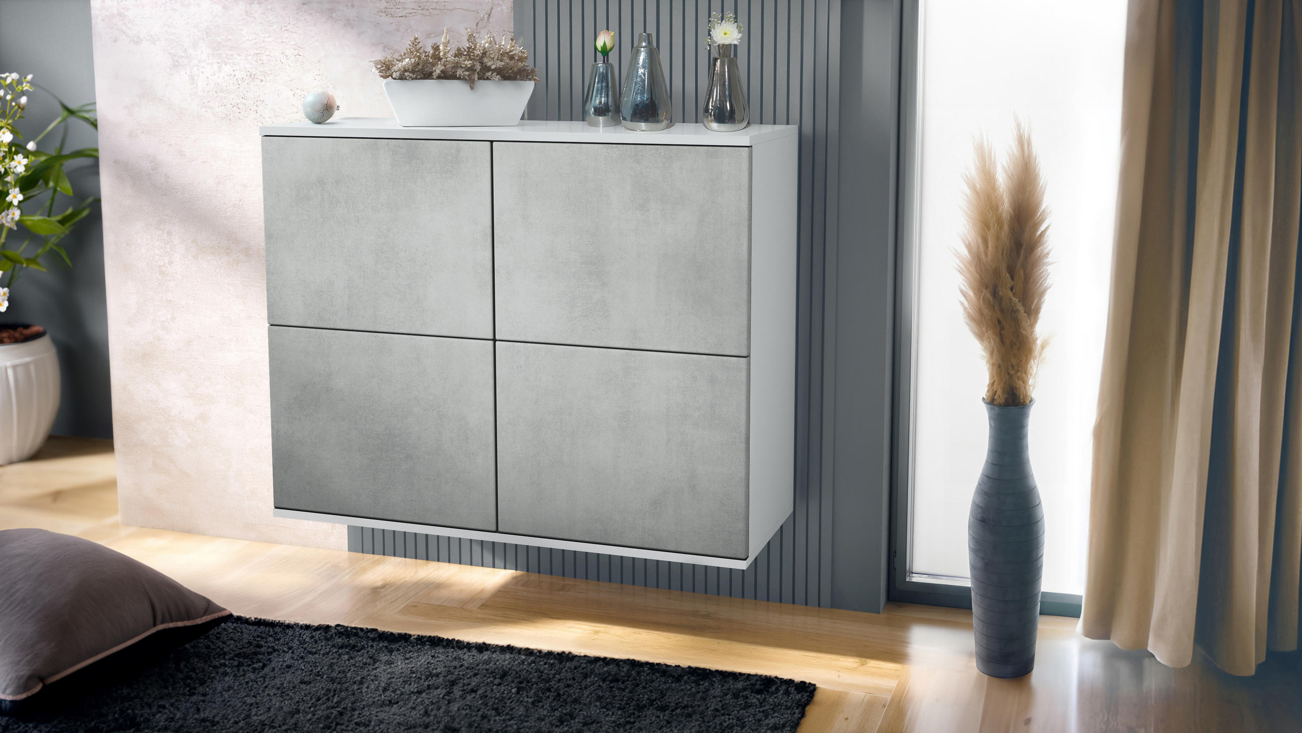 KOMMODE Rova Beton Oxid Optik - Hellgrau, Holzwerkstoff (92.5/73.5/35cm) - Vladon