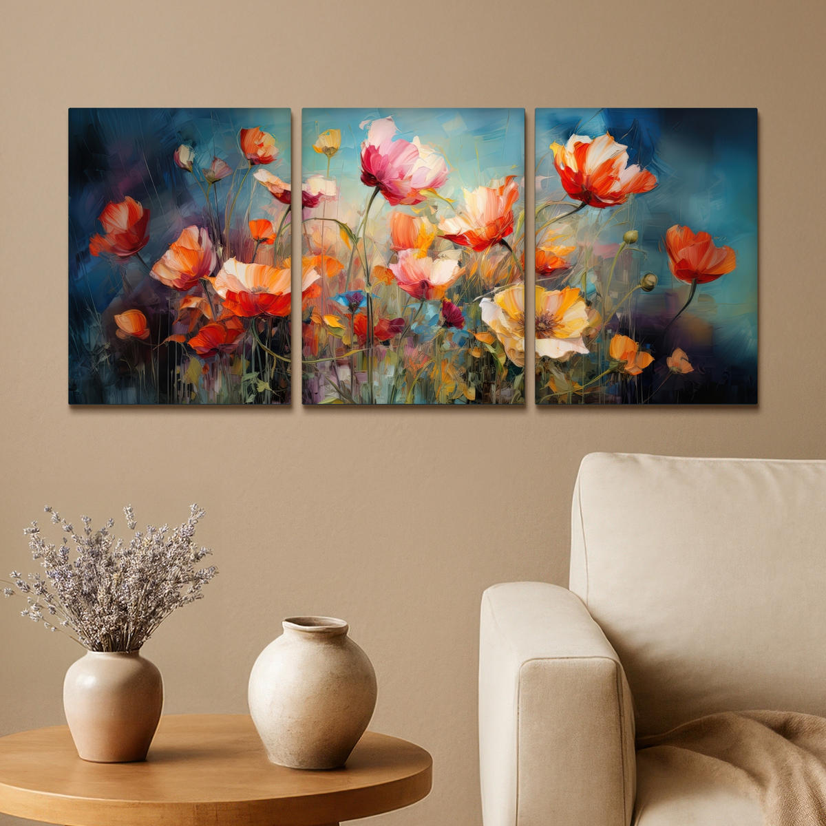 LEINWANDBILD 3er Set Blumen - Bunt - Abstrakt 90x40 cm - Blaugrau, Textil (90/40cm) - MuchoWow