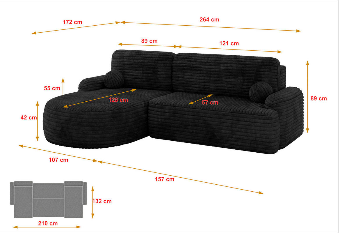 ECKSOFA mit Schlaffunktion und Bettkasten LIRA-L - 264x172x89 Schwarz - Schwarz, Holzwerkstoff/Textil (264/172cm) - ALTDECOR