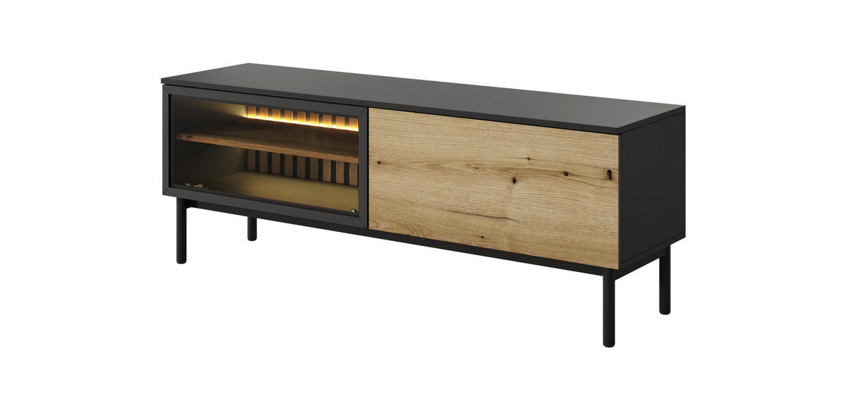 TV-SCHRANK Lango 150 Schwarz mit Eiche Evoke, Tv-Tisch mit Led-Beleuchtung - Hellbraun/Schwarz, Glas/Holzwerkstoff (150/55/39cm) - Bettso