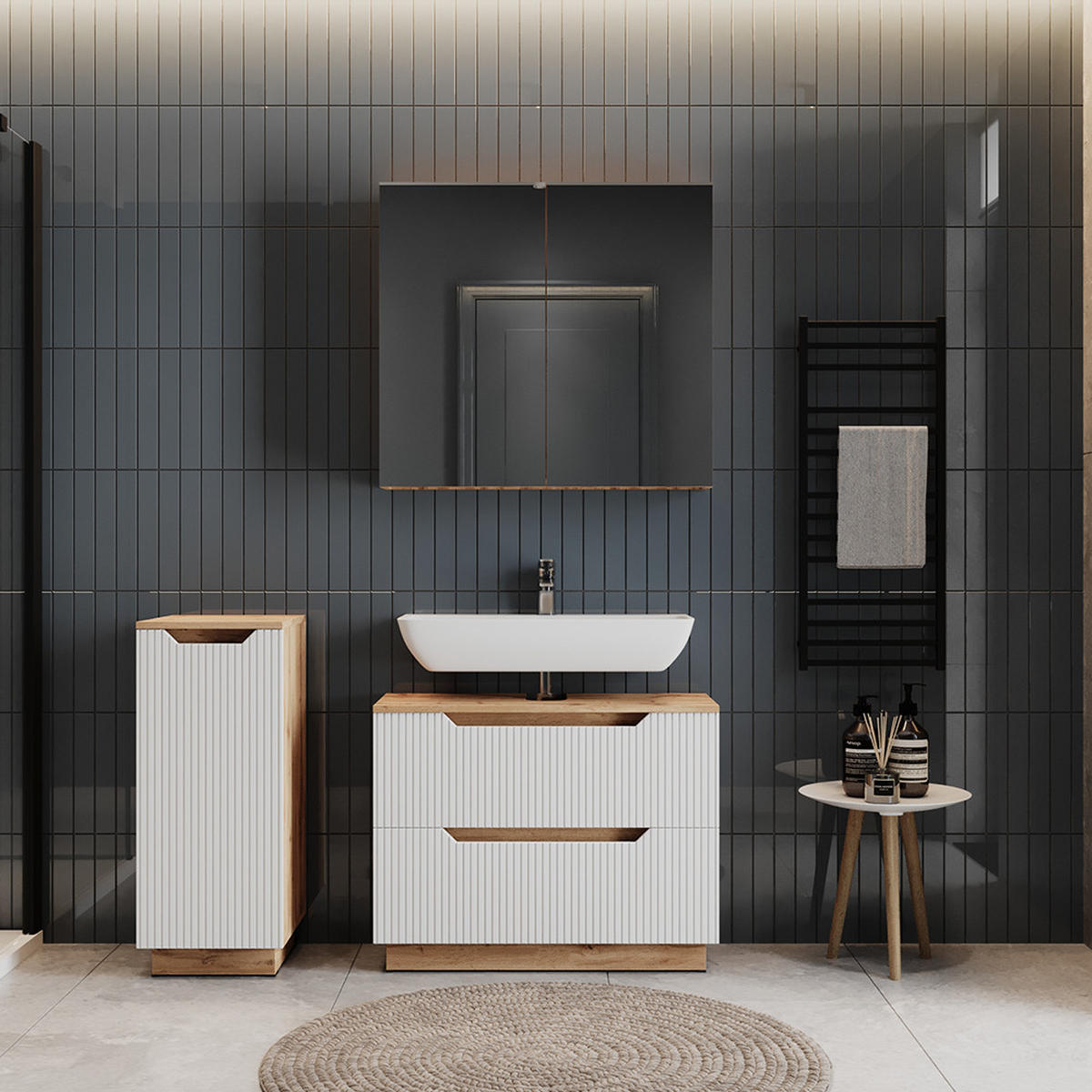 KOUPELNOVÝ NÁBYTEK Lotta Dub/bílý pruhovaný - bílá/barva dubu, kompozitní dřevo (79.6/62.5/32cm) - Vicco