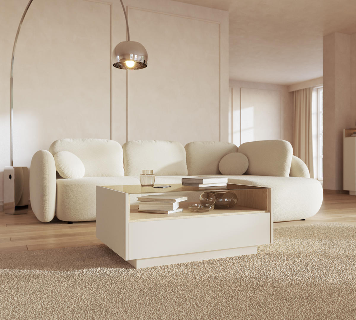 COUCHTISCH: beige + cremona Eiche, 96 x 43,4 x 67,2 cm - Beige, Holzwerkstoff (67.2/96/43.4cm) - 3XE LIVING
