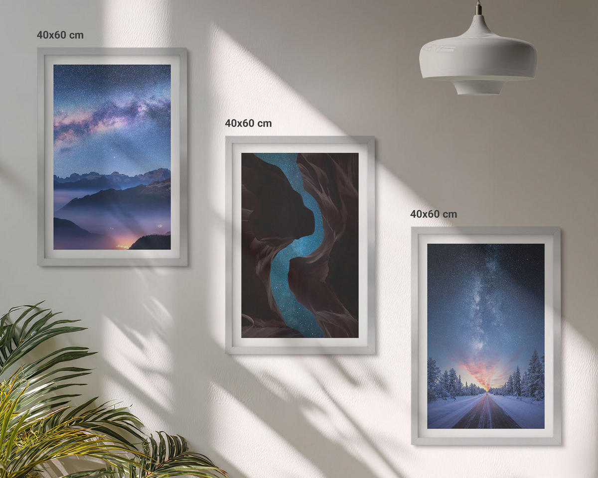 WANDBILDER 3er Set - 40x60 cm Silberner Rahmen - Nachthimmel, Berge, Winterlandschaft - Silberfarben, Kunststoff (40/60cm) - ArtPrintCave