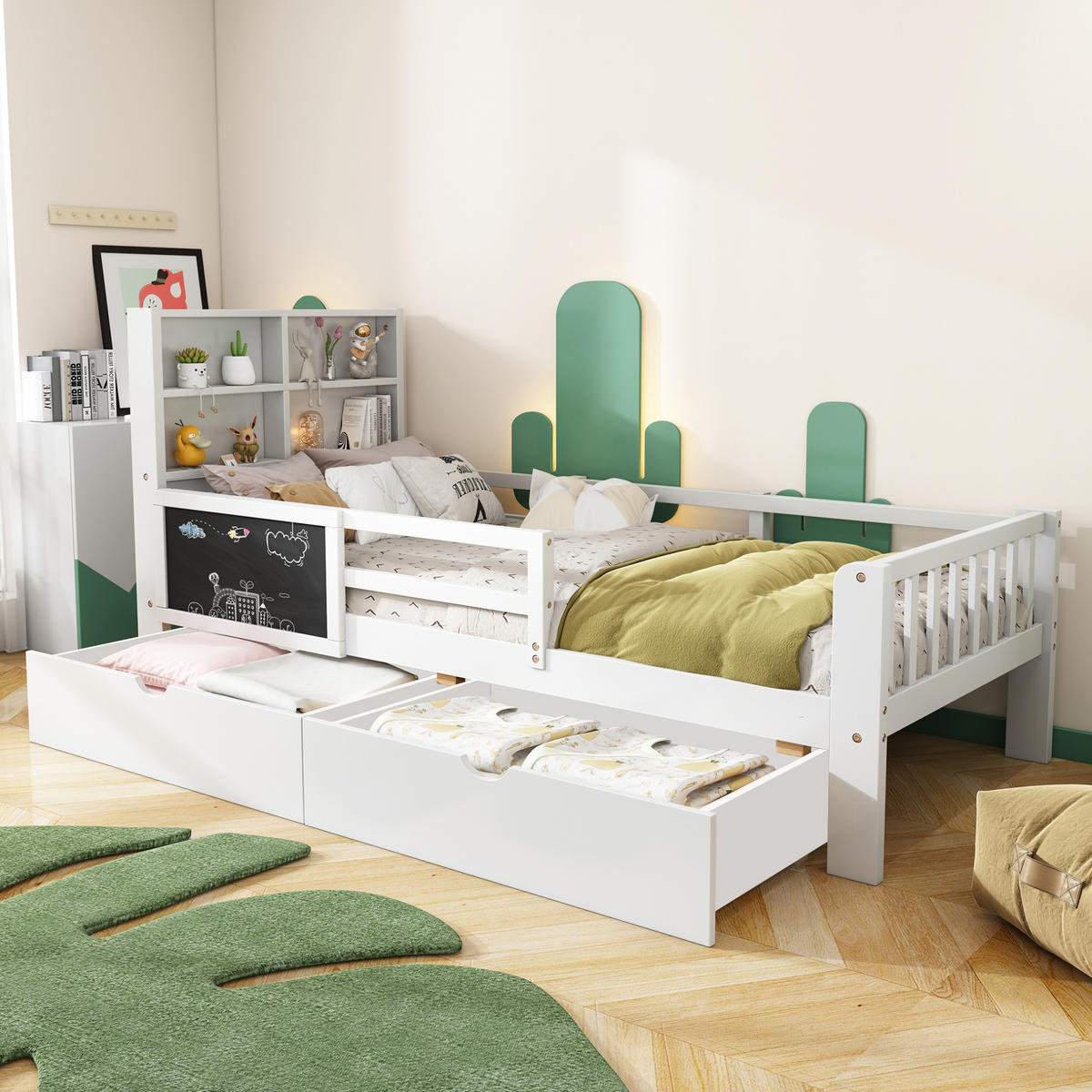 KINDERBETT 90/200 cm aus Massivholz und MDF mit Schubladen, Tafel und Sicherheitsleiste Weiß - Weiß, Holz (90/200cm) - Modenvie