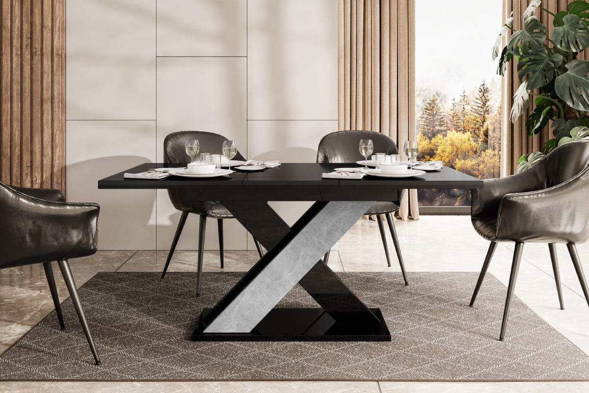 ESSTISCH ausziehbar 120 -160x90x75 cm - Hochglanz Schwarz/Betonoptik - AOX - Schwarz Hochglanz, Holzwerkstoff (120/90/75cm) - ALTDECOR