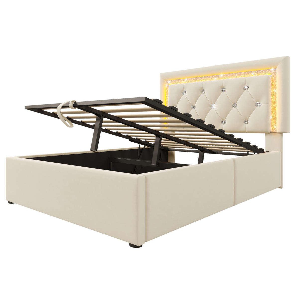 POLSTERBETT 90/200 cm Beige aus Samt mit Bettkasten, LED und USB- und Type-C-Anschlüssen - Beige, Textil (90/200cm) - Flora Grace