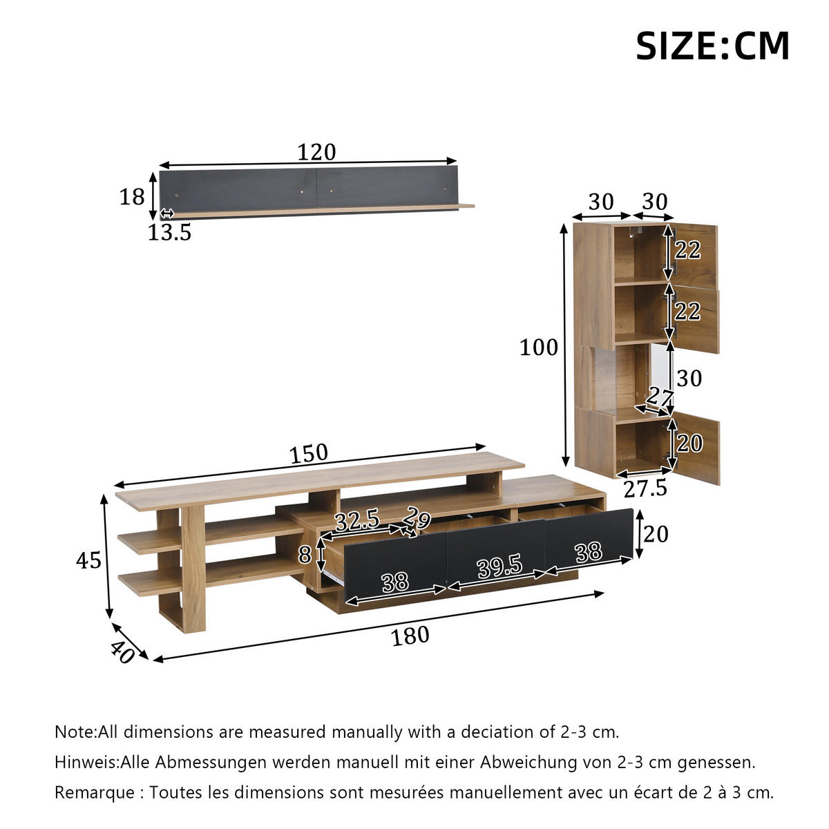 TV-ELEMENT 180/40/45 cm Natur + Schwarz mit LED Beleuchtung und 3 Schublade (3 Stück) - Schwarz, Holz (180/45/40cm) - Oxeza