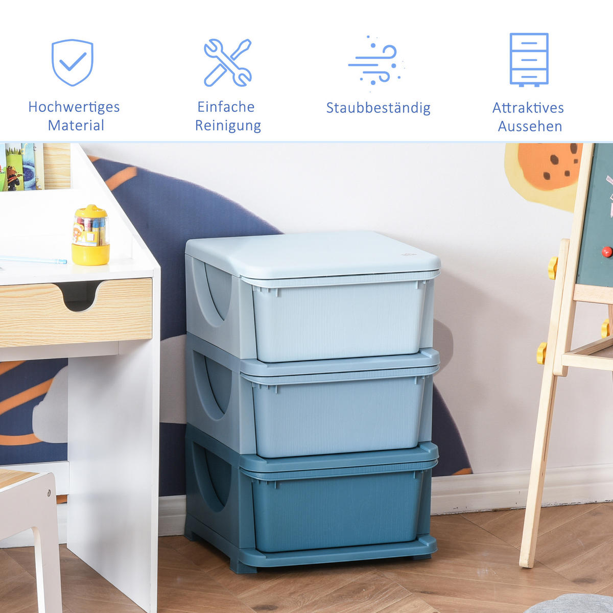 AUFBEWAHRUNGSBOXEN für Kinder, 3 große Schubladen, Kunststoff, Blau - Blau, Kunststoff (37/56.5/37cm) - HOMCOM