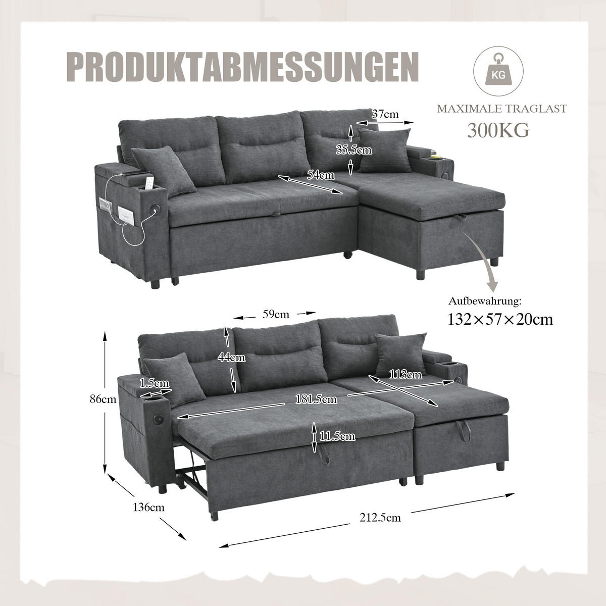 ECKSCHLAFSOFA 3-Sitzer Leinen mit USB-Anschluss und Stauraum Dunkelgrau 212,5/136/86 cm - Dunkelgrau, Textil (136/212.5cm) - Redom