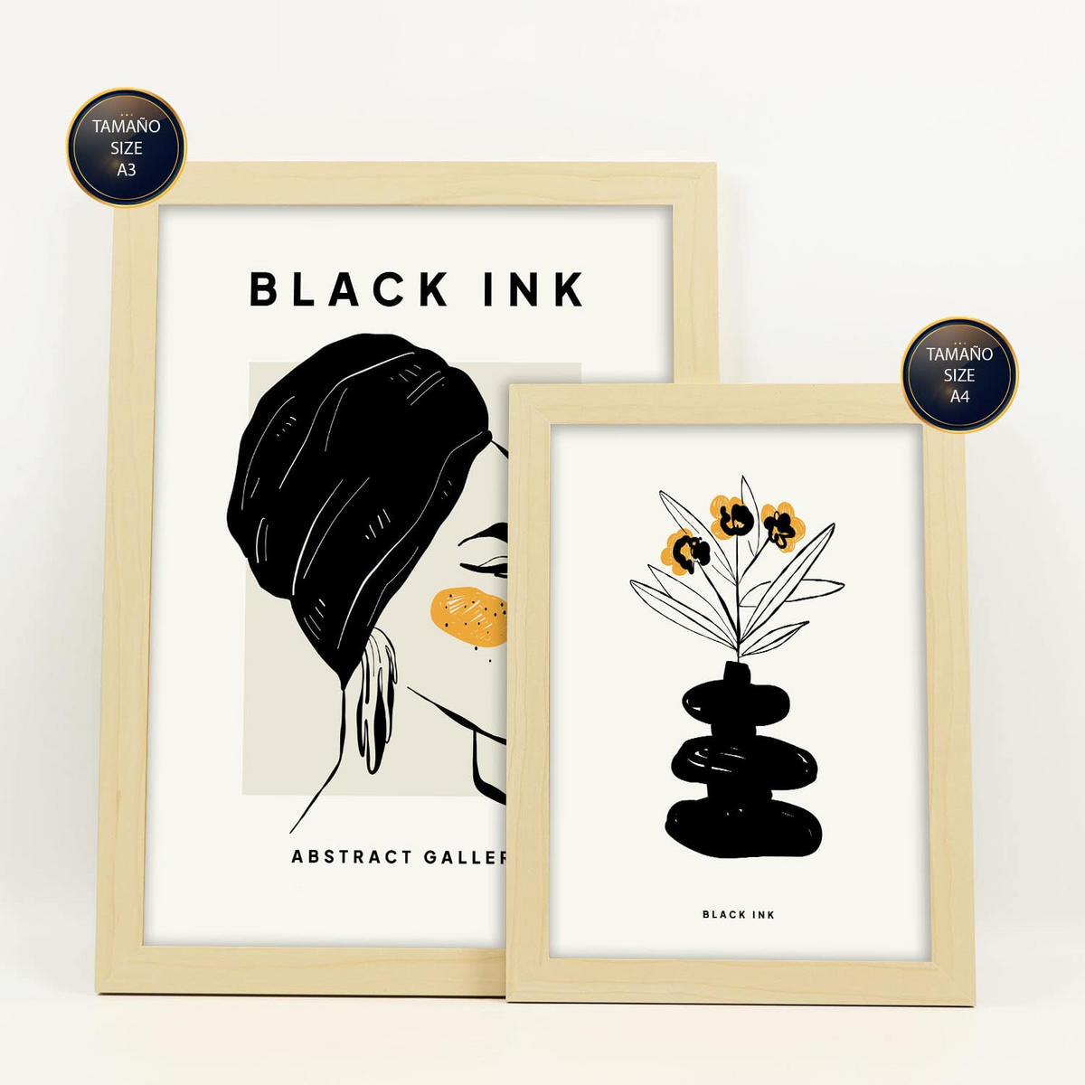 POSTER Set Mit 6 In Schwarzer Tinte Natürlich Künstlerische Und Abstrakte Drucke Für Innenarchitektur A3 & A4 Rahmen Aus Hellem Holz - Beige, Papier (29/3cm) - Nacnic