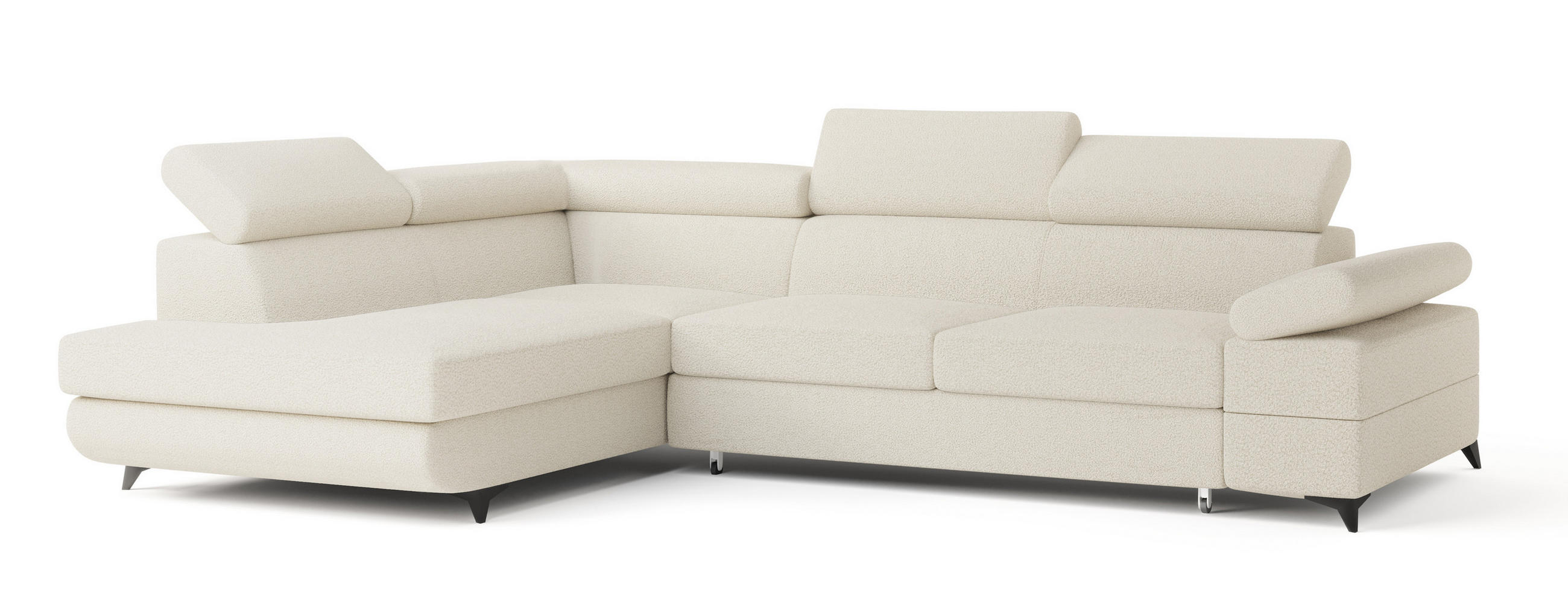 ECKSOFA FAVIEN L-S Creme Boucle-Stoff mit Schlaffunktion - Creme, Holz (257/190cm) - MASSENO
