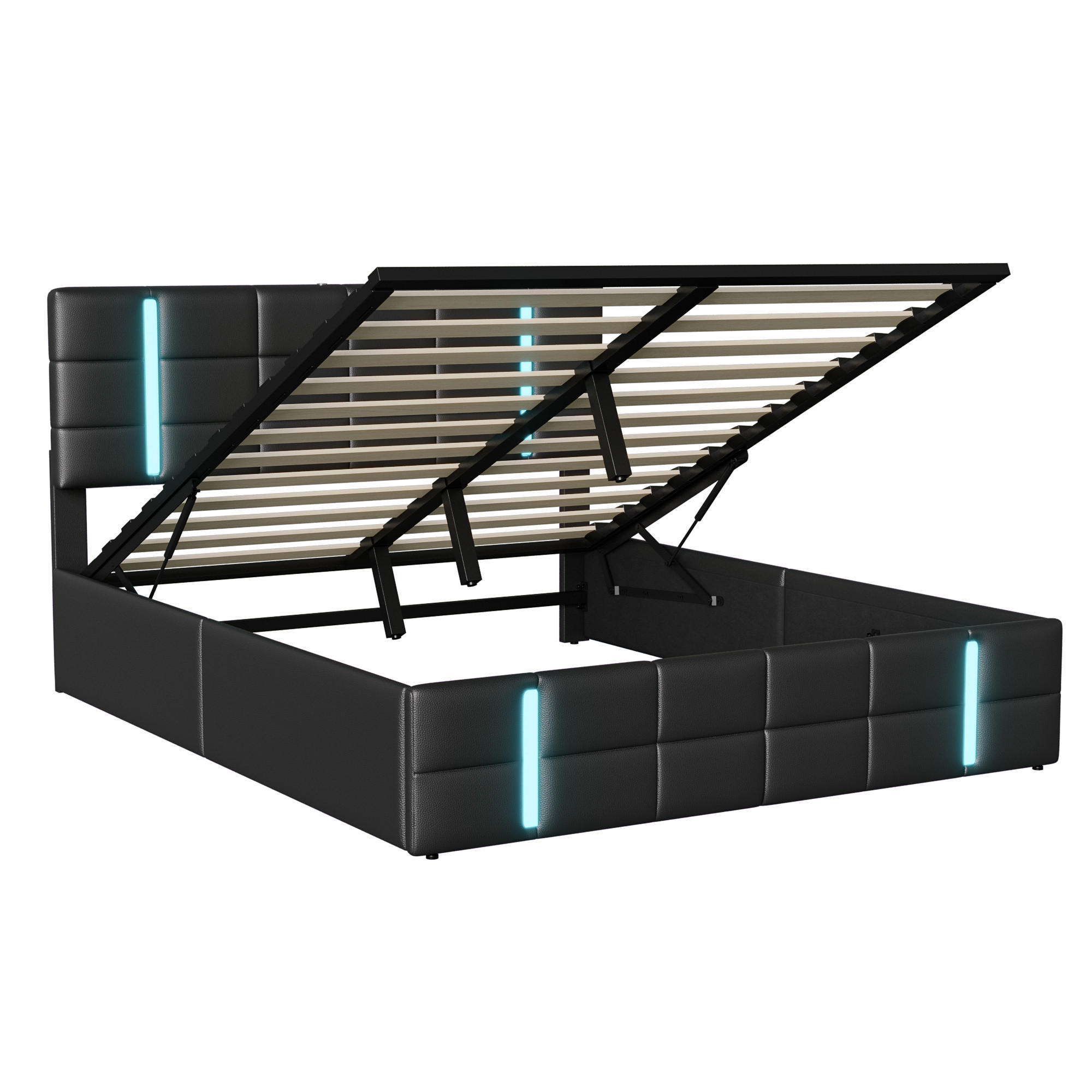 POLSTERBETT 140 x 200 cm mit Stauraum, Lattenrost, LED und USB, PU-Leder, Schwarz - Schwarz, Metall (140/200cm)
