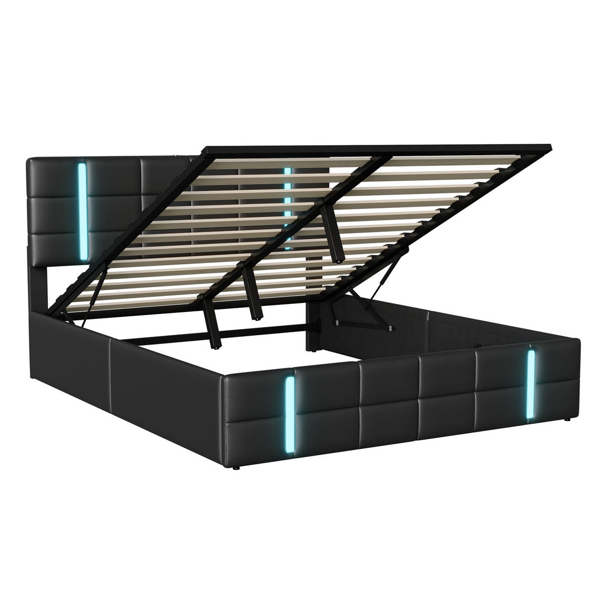 POLSTERBETT 160x200 cm LED USB Stauraum Lattenrost PU Leder schwarz - Schwarz, Holz (160/200cm) - LEBENLANG