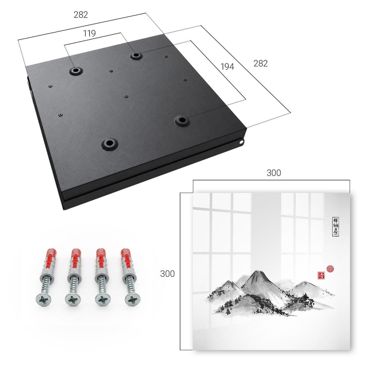 SCHLÜSSELBOX Schwarz 30x30 cm- Türöffnung nach rechts - Japanische Berge - Weiß, Metall (30/30/5cm) - TULUP