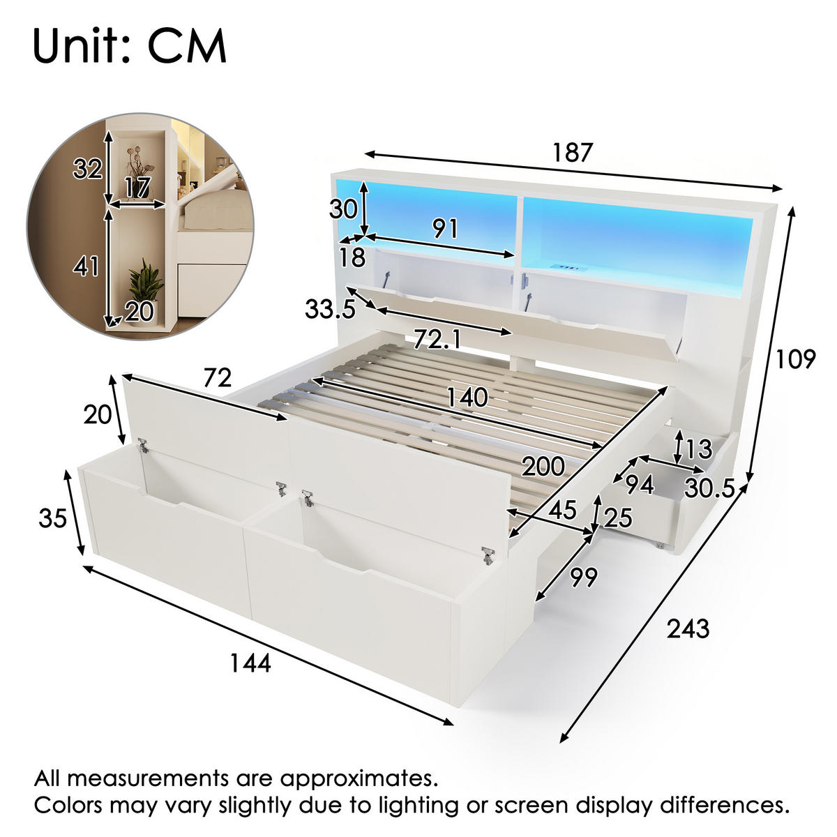HOLZBETT 140/200 cm mit LED-Beleuchtung, USB-C/USB-Anschlüssen, Stauraum, Bettbank und Schubladen, Weiß - Weiß, Holzwerkstoff (140/200cm) - Redom