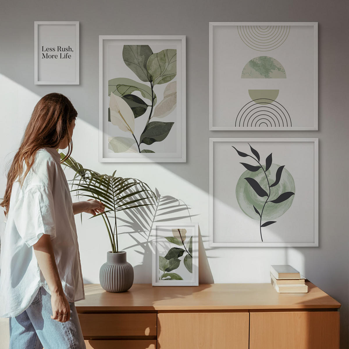 WANDBILDER 5er-Set - 50x50 cm & 20x30 cm & 40x60 cm Weißer Rahmen - Geometrische Pflanzenformen - Weiß, Kunststoff (40/60cm) - ArtPrintCave