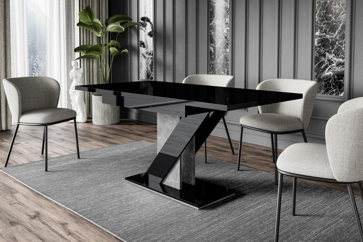 ESSTISCH ausziehbar 120 -160x80x75 cm - Hochglanz Schwarz/Betonoptik - EVA - Schwarz Hochglanz, Holzwerkstoff (120/80/75cm) - ALTDECOR