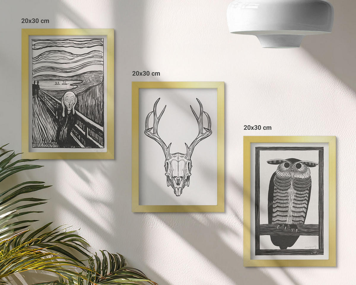 BILDER SET 3er Set - 20x30 cm Goldrahmen - Grafiken mit schreiendem Totenkopf-Eulen - Goldfarben, Kunststoff (20/30cm) - TULUP
